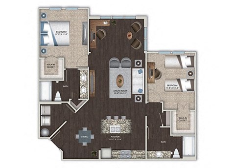 Floor plan for 2 beds, 2 baths, 1236 sqft